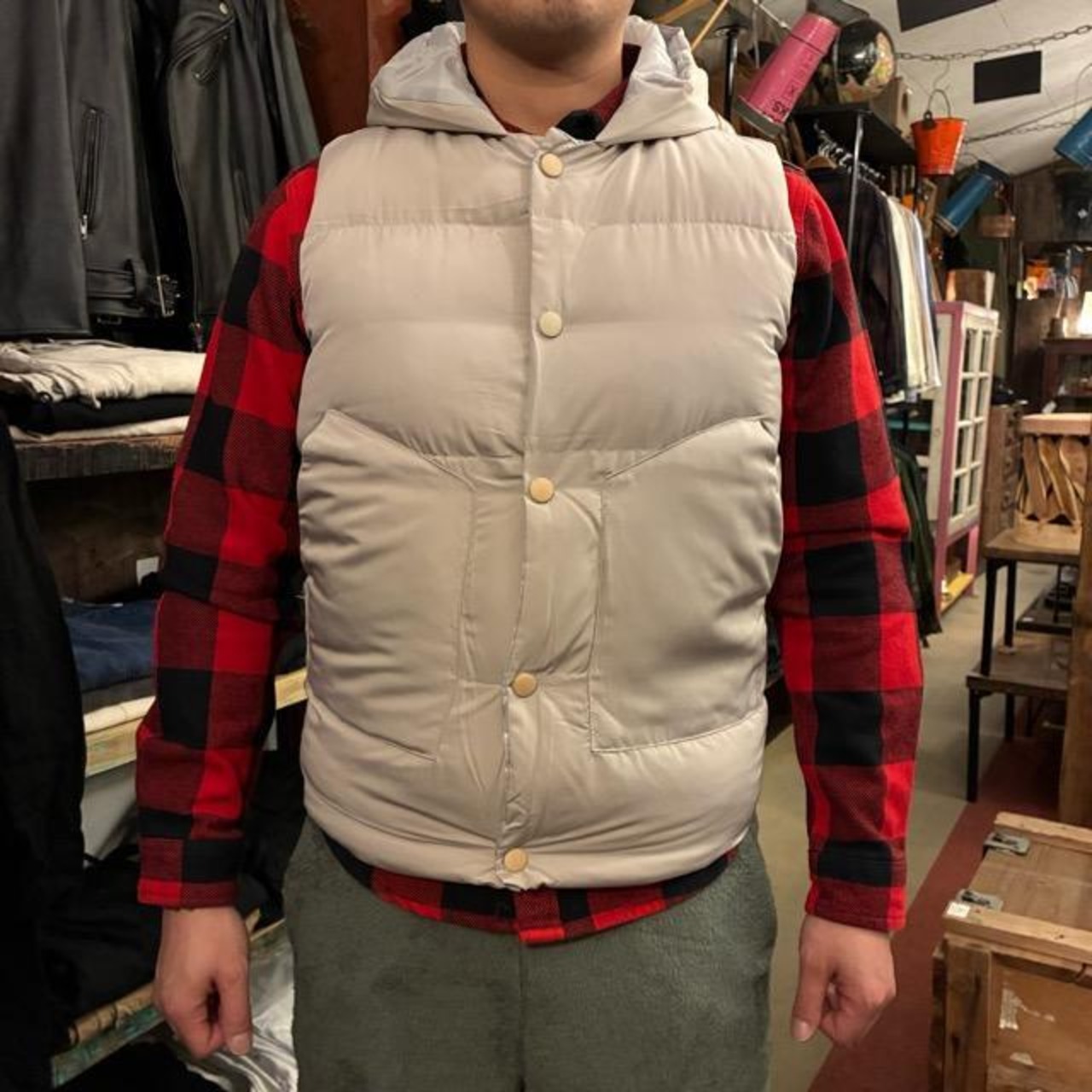 TOPANGA Men's Patch Button Hooded Vest Greige Quilting with hood Outer