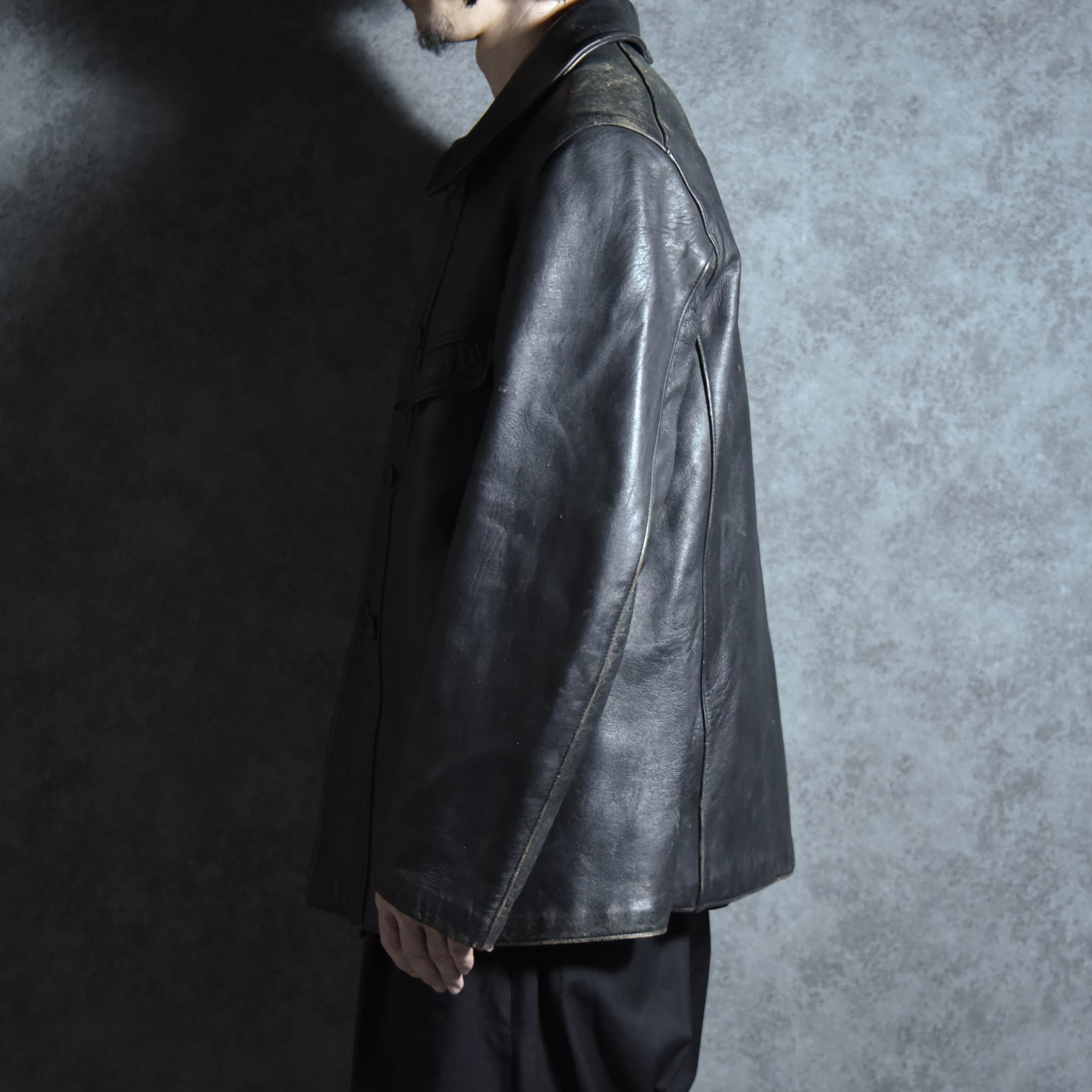 60-70s Le Corbusier Leather Double Breasted Jacket Black ル