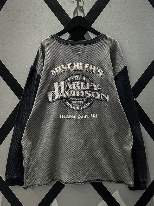 【X VINTAGE】"HARLEY DAVIDSON" Print Design Loose 2 Tone Thermal L/S T-Shirt