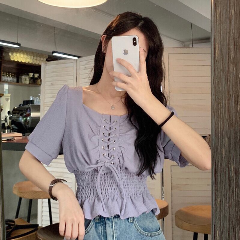 スプリングトップス ウェストショートシャツ カラー半袖スリーブ ハーフスリーブ 春物 パープル スクウェア 試着室90926455105