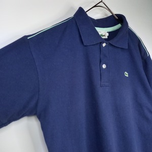 90s　フレンチラコステ　半袖　ポロシャツ　刺繍ロゴ　肩ライン　ユーロ古着　紺