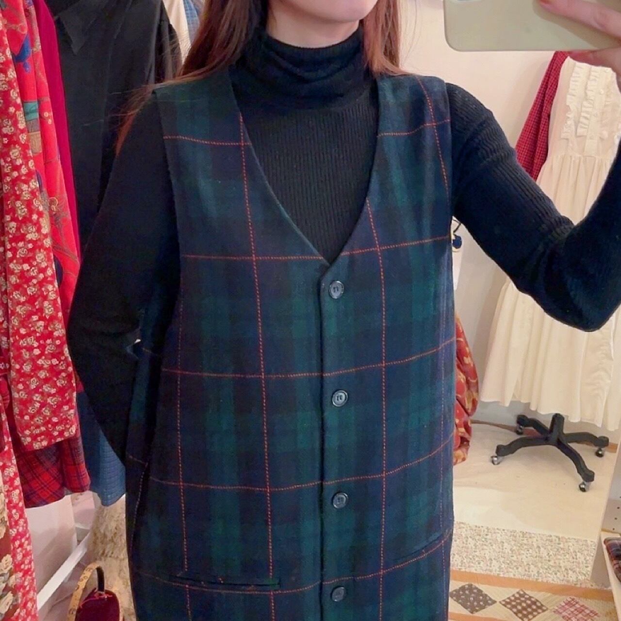 green chek front button jumper skirt