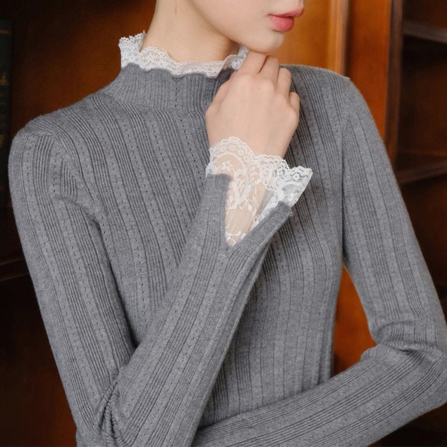 レースフリルハイネック・リブニットトップス　W00317