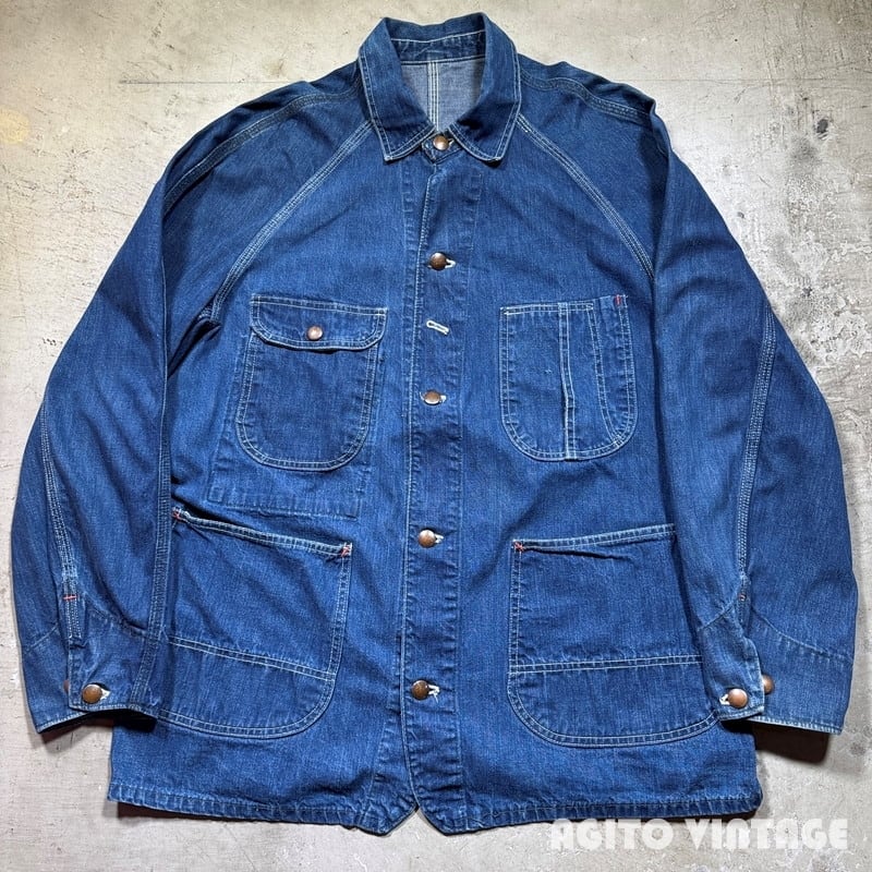 50's Unknown デニムカバーオール ワークチョアコート ラグランスリーブ 無刻印ボタン ダブル襟 台襟 ストアブランド グッドコンディション 42-44位 L相当 希少 ヴィンテージ BA-2932 RM3353H