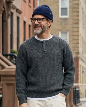 ヘンリーネック 畦編みクルーネックニット 3色　A0111