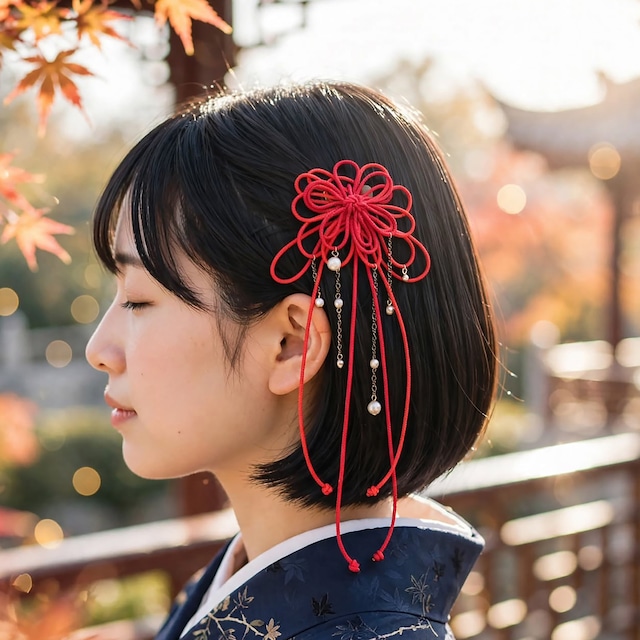 飾り結びヘアコーム（小）「烈、其レハ」（赤×朱）【軽量で簡単和装ヘア】浴衣・着物・七五三や成人式に。