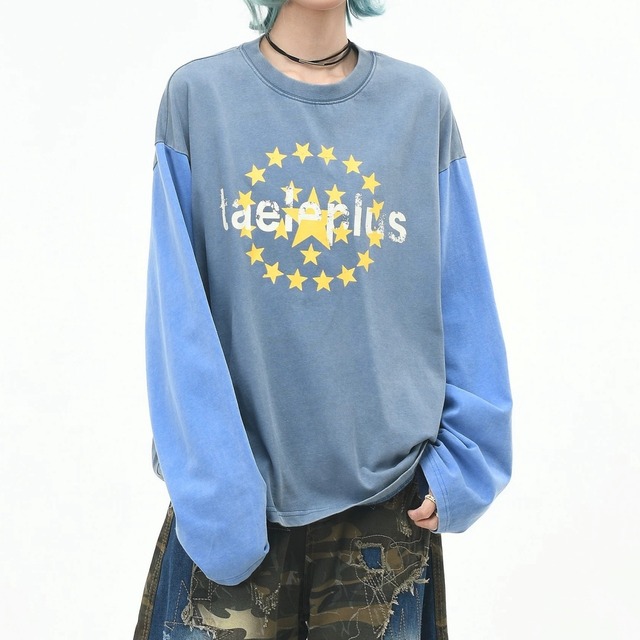 サークルスターカラーブロックウォッシュルーズTシャツ 2col R02634