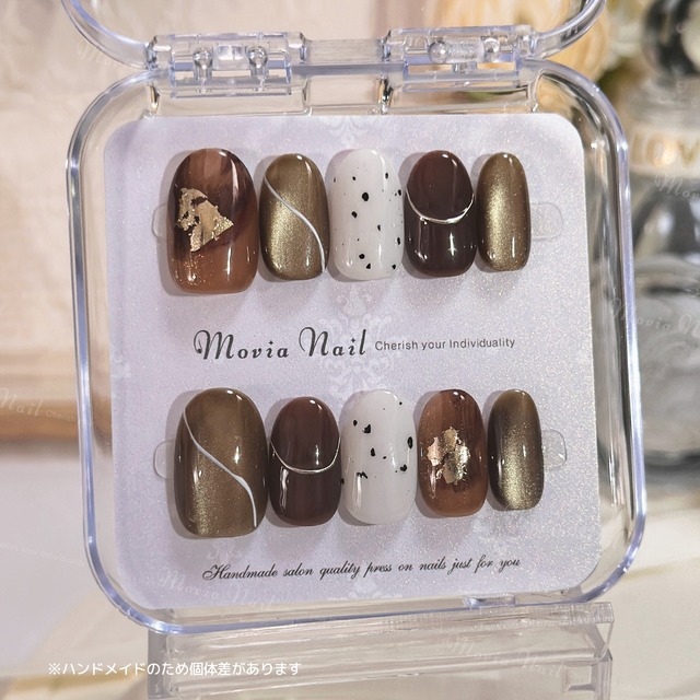 [M,L] GD No.488【ショートオーバル】ブラウン茶色ゴールド金マグネットちゅるん日常オフィスシンプル大人ニュアンスワンホン韓国秋冬ネイルチップ現品