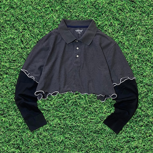 【リメイク古着】ポロシャツ×シャツ袖 メロウフリル グレー