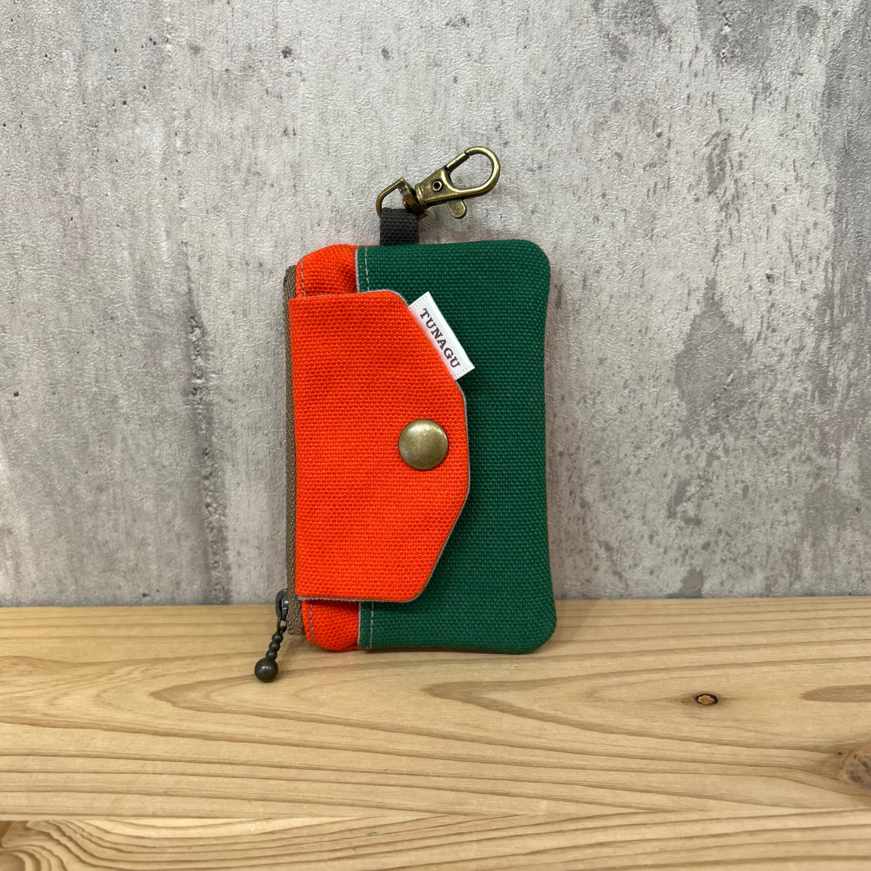 .+*Mini Wallet / カードや小銭、お札入れに【スカーレット×ミドルグリーン】