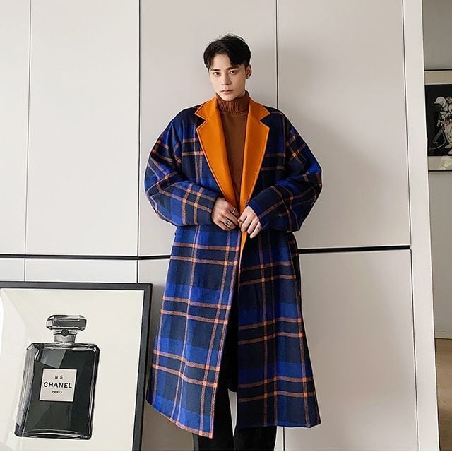 【予約販売】ロングコート トレンチコート チェック柄 アウター ロング丈 ブルー メンズ 防寒 お洒落 こなれ感 ベーシック 秋冬 大きいサイズ M/L/XL