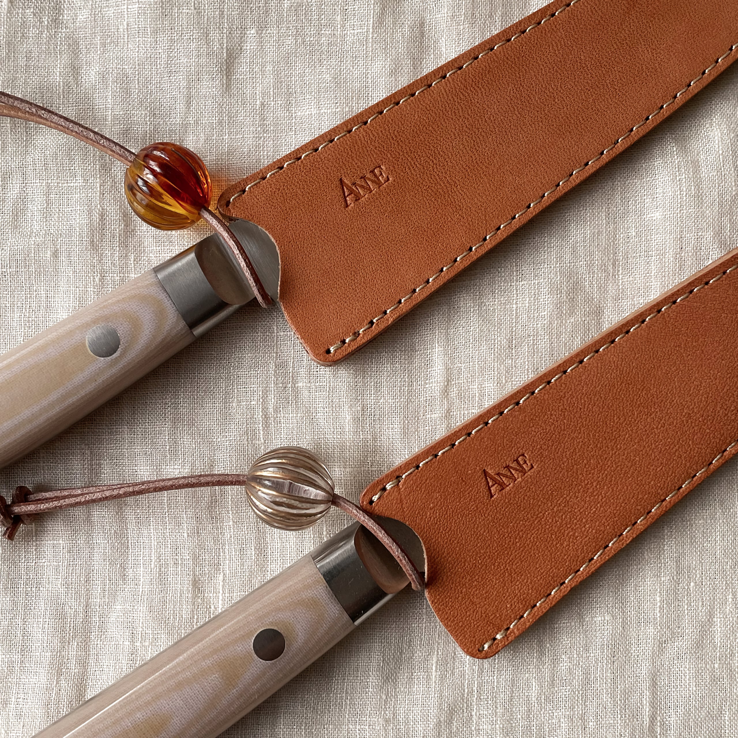 ペティナイフ＆革カバーセット オレンジカラー×樹脂ビーズ（ストライプ