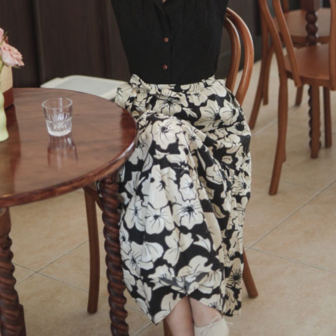 花柄  ウエストリボン ティアードフレアスカート 00523