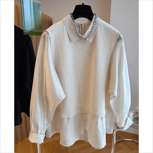 ニットレイヤード風 ロングシャツトップス Ln00449