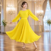 社交ダンス 衣装 Chacott チャコット ツーピース セットアップ 上下セット イエロー系 無地 シンプル ボリューム トップス スカート 鮮やか 黄 プリーツ かわいい 上品 ダンス衣装 イベント ステージ パーティー レディース おしゃれ レオタード