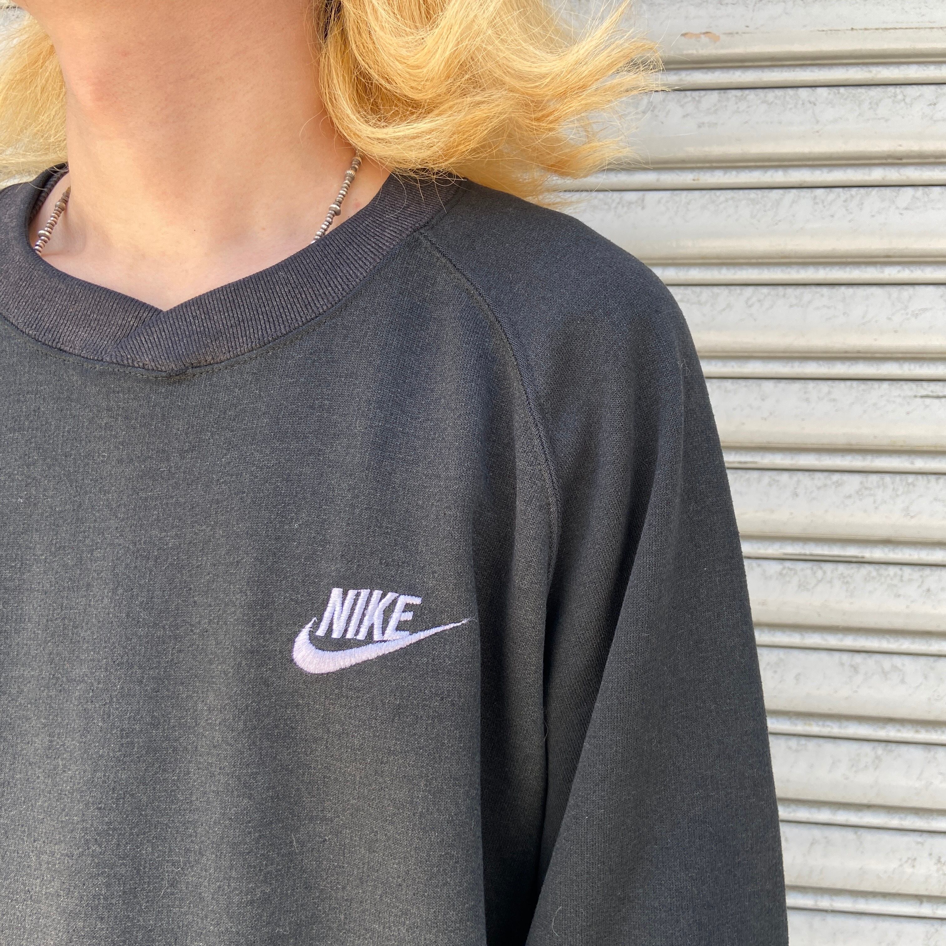 希少 80s NIKE ワンポイントロゴ刺繍スウェット 紺タグ ブラック XL