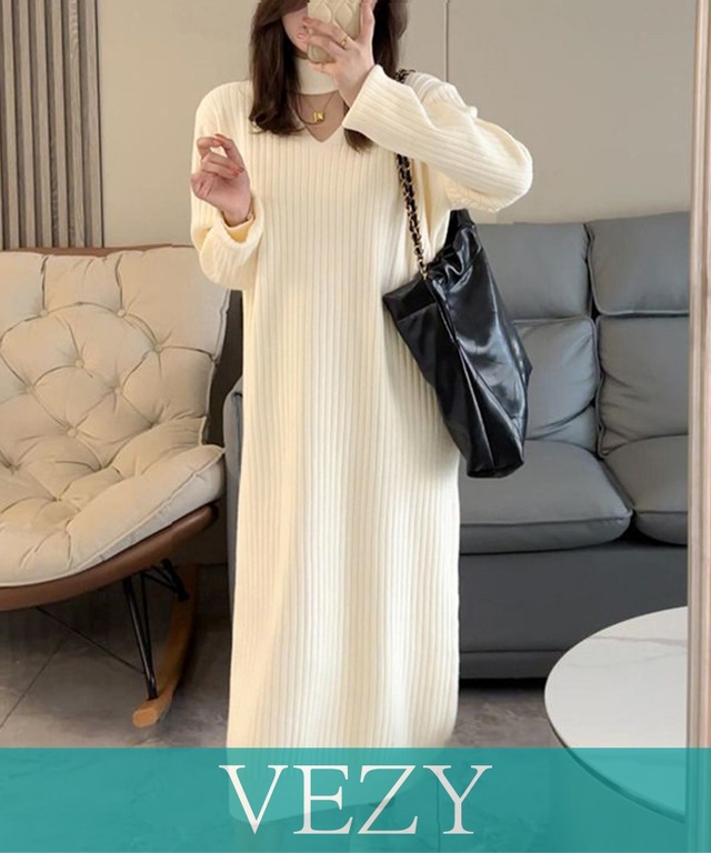リブニットワンピース ロング丈 vネック 韓国 きれいめカジュアル 秋冬チョーカー風ワンピース 無地ホルターネックワンピース 長袖 ゆったり体型カバー ワンピース チュニック ベジー VEZY ItemNo.【20304226 】