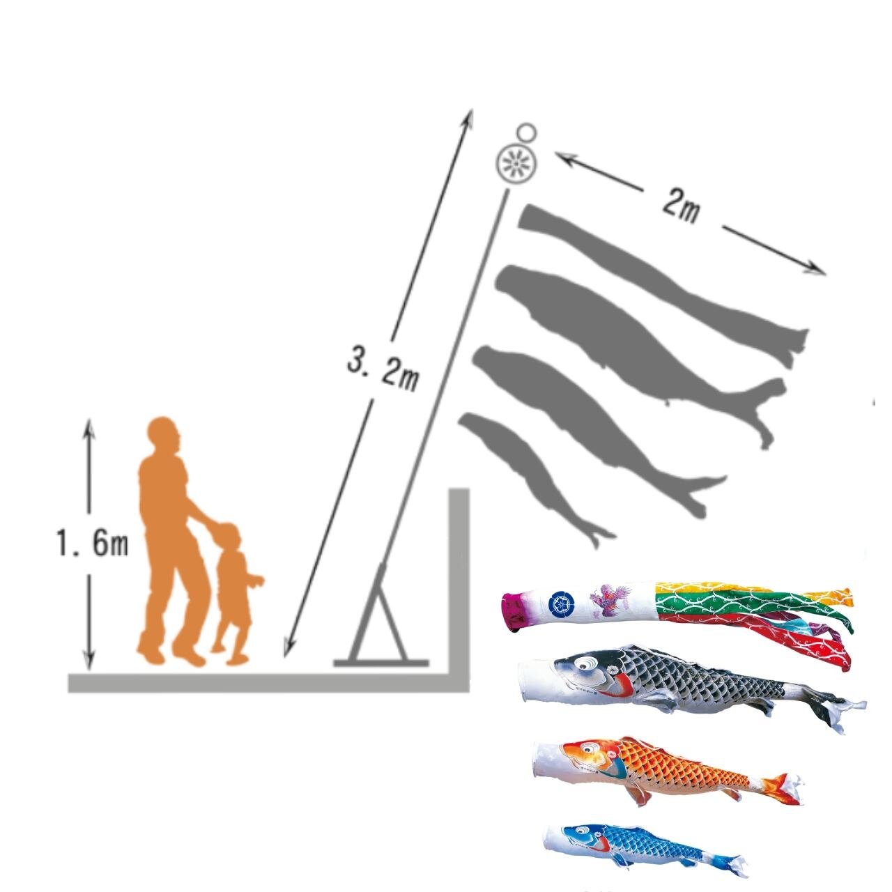 吉兆プレミアムベランダスタンドセット　２M６点セット（徳永鯉のぼり）