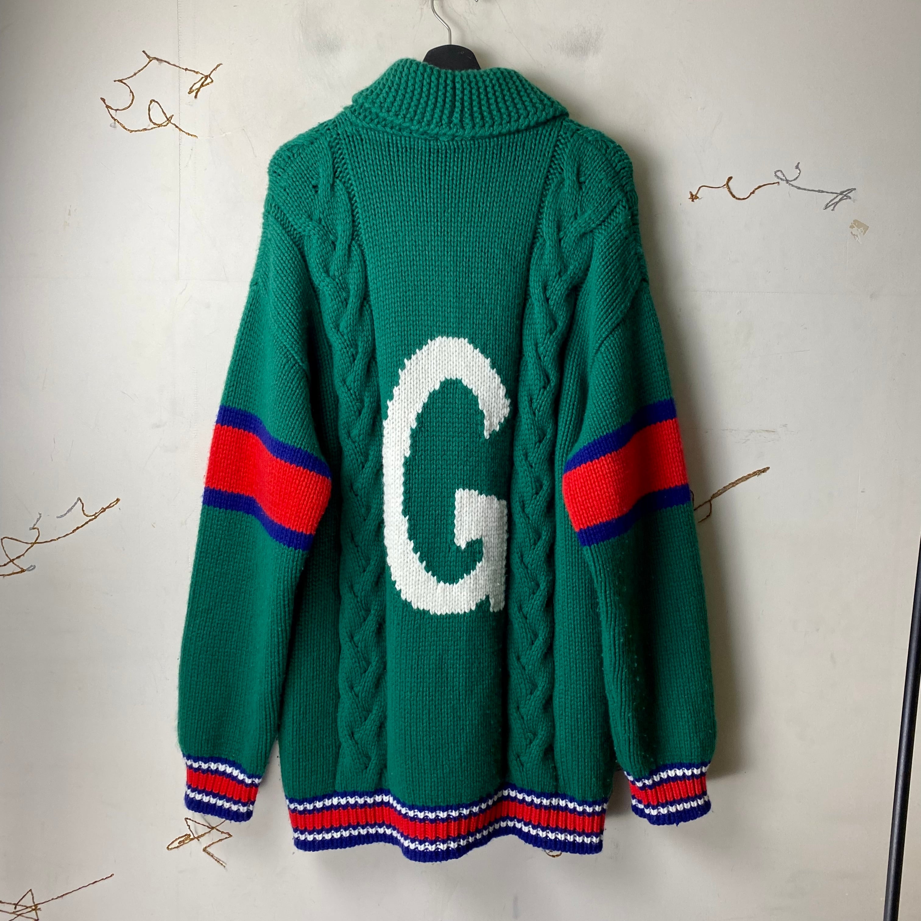 GUCCI shawl collar green cable knit jacket “ABCDEFGUCCI” | NOIR ONLINE