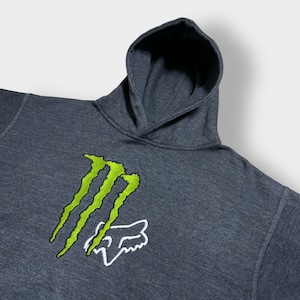 Monster energy Fox Racing コラボ パーカー 刺繍ロゴ プルオーバー フーディー スウェット モンスターエナジー フォックスレーシング us古着