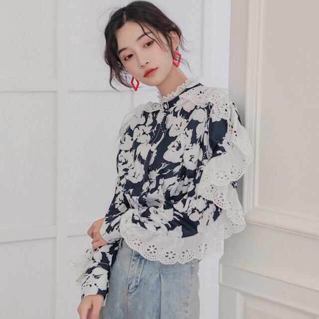 レディース 長袖 ブラウス 花柄 総柄 レース フリル スタンドカラー バイカラー ブルー おしゃれ 春秋 S/M/L