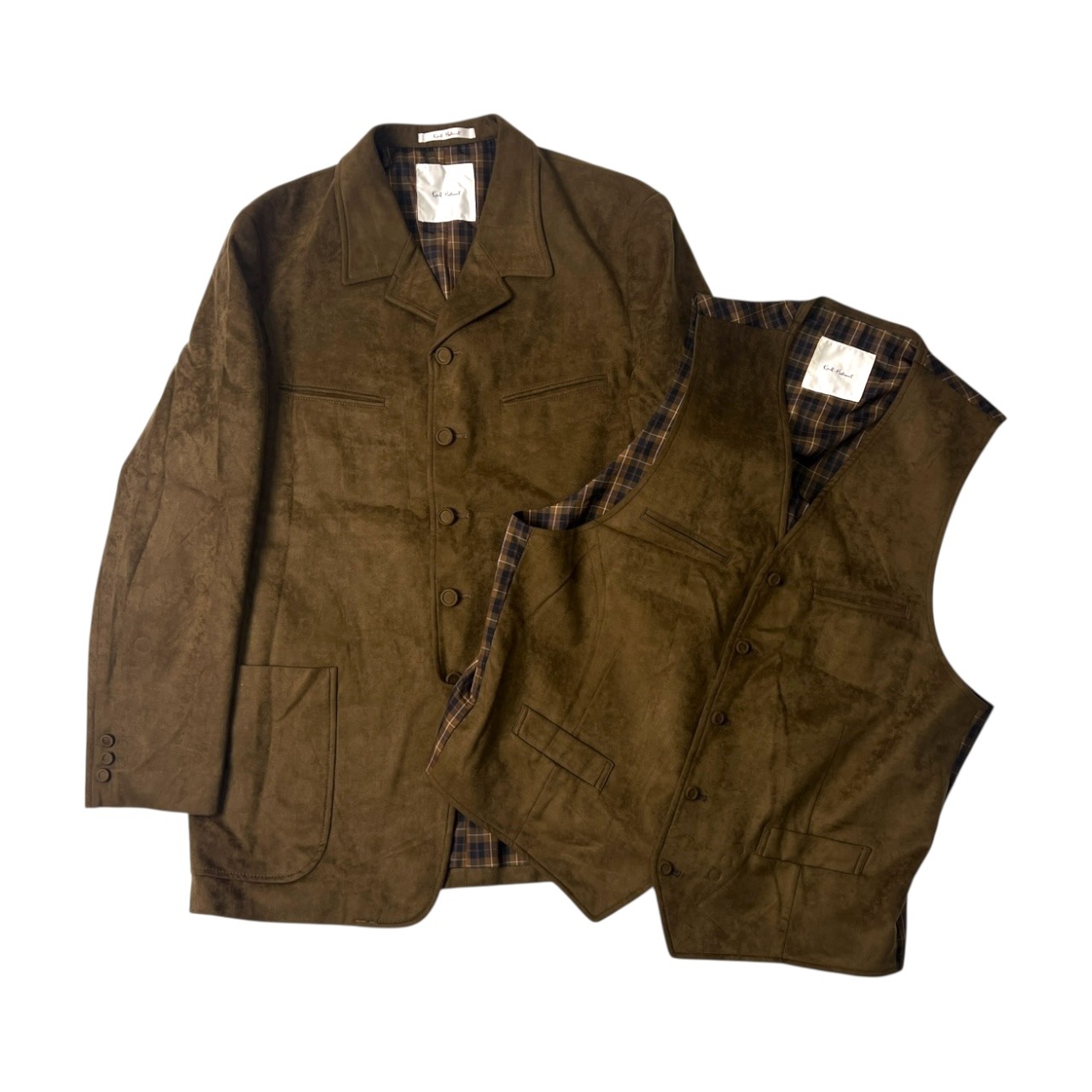 Karl Helmut カールヘルム 裏チェック スエード カバーオール ジャケット&ベスト L/ブラウン/フェイクレザー