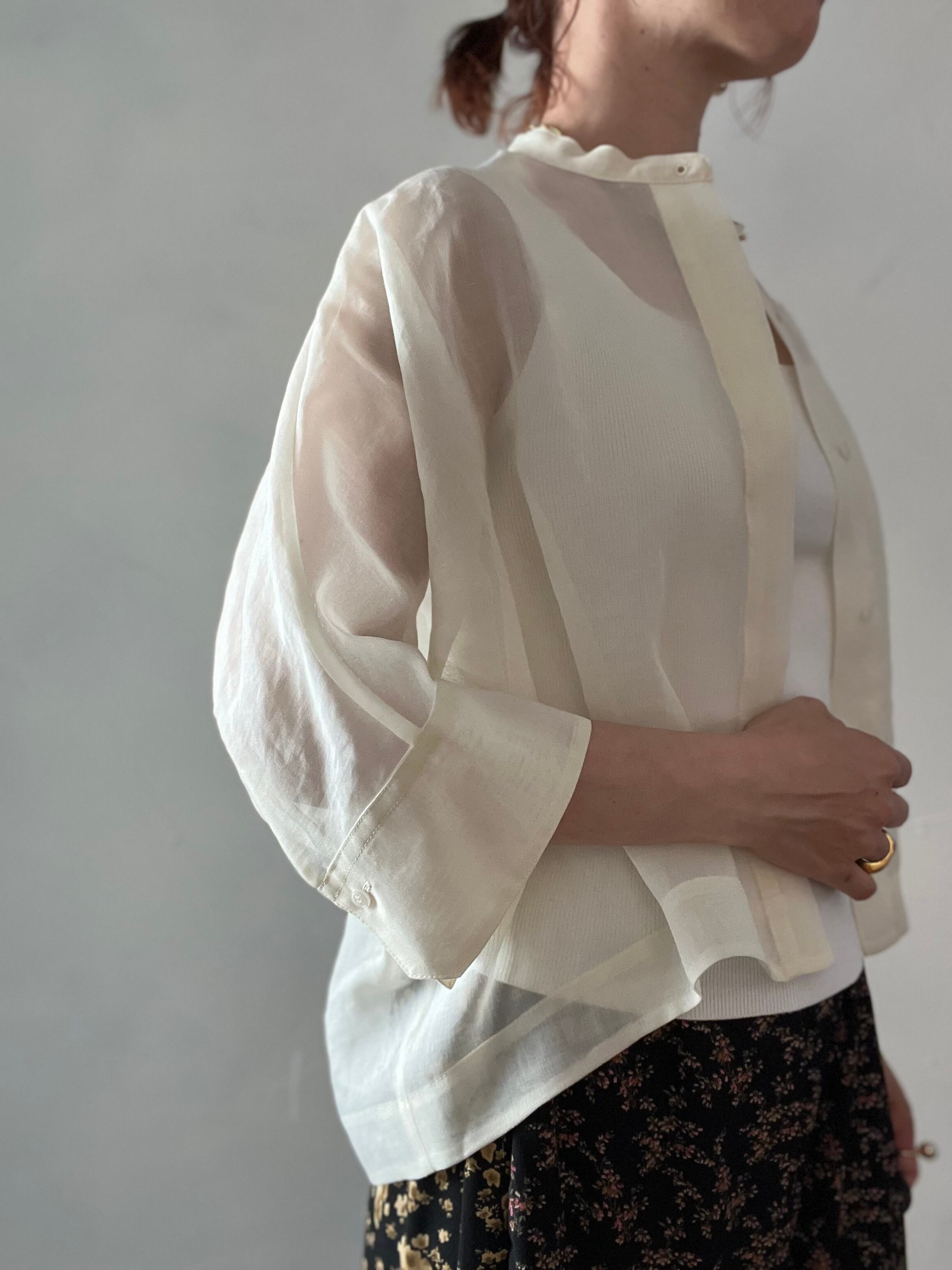 パシオーネ（PASSIONE）シアードルマンスリーブシャツ／ホワイト PASSIONE】バンドカラーシアーシャツ 526946 | select clothes MIEL