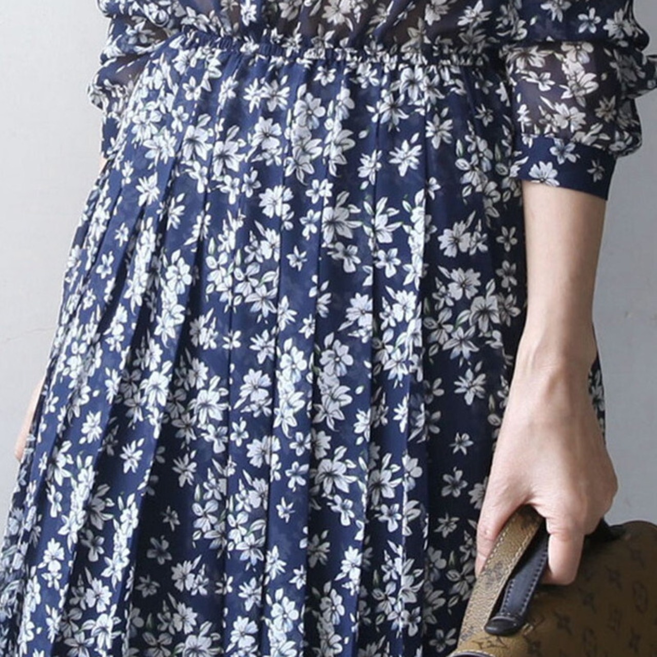 花柄シフォン七分袖ワンピース A00397