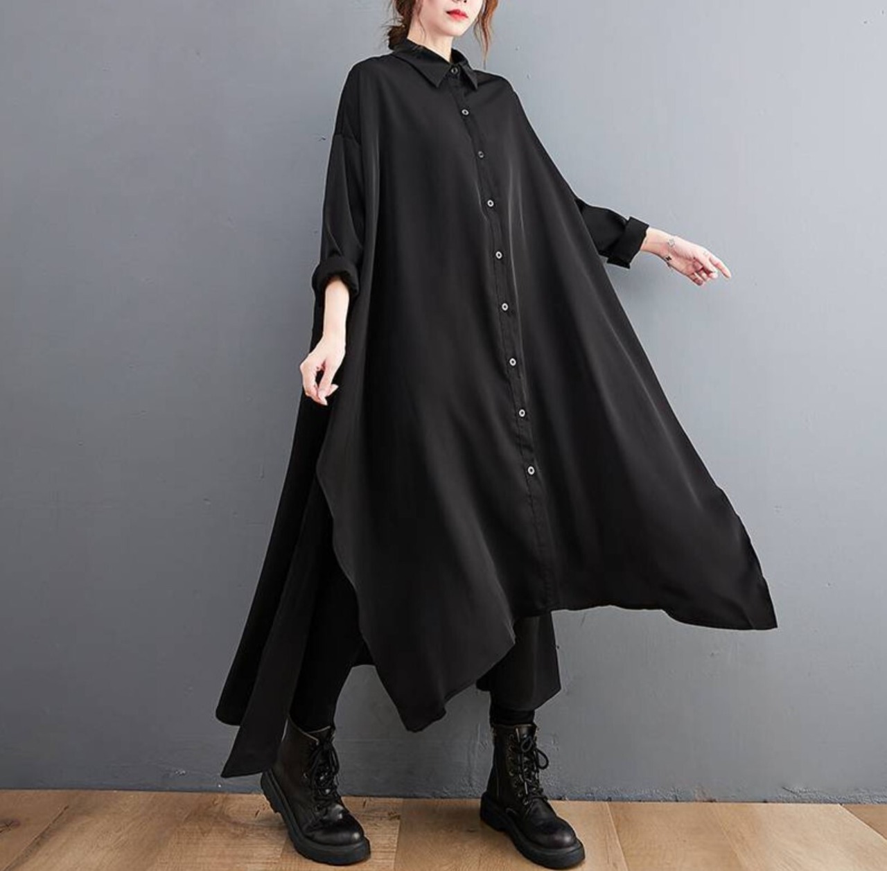 レイヤード風モダンスタイルロングシャツワンピース ／レディース 