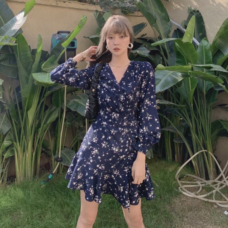 スタンダードドレス オータムウェストフローラルスカート レトロ 秋物 花柄 ハンチェンe63391183956