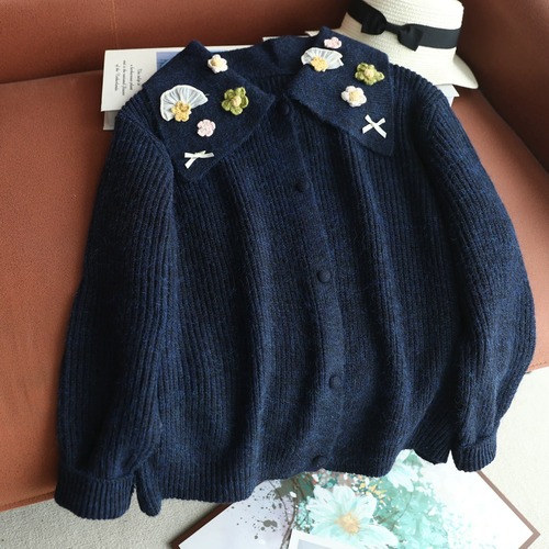 3色/フラワー刺繍カラーニットカーデ ・12622