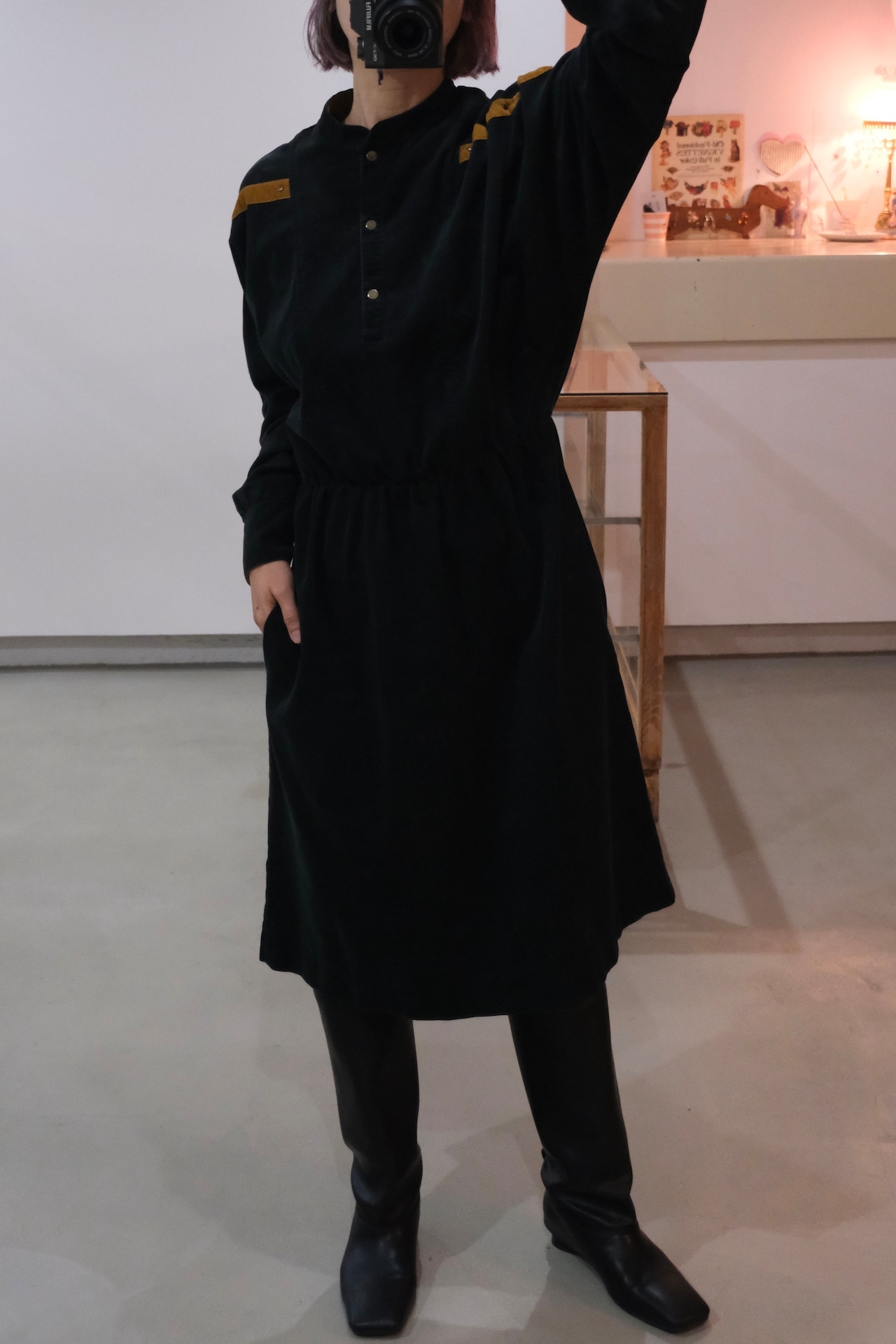 Black corduroy long sleeve shirt dress