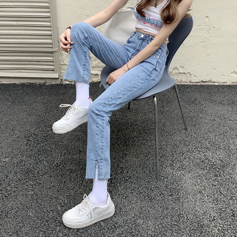 スリットジーンズ スプリングオータムハイウェスト薄手パンツ 春物 秋物 試着室86969043012