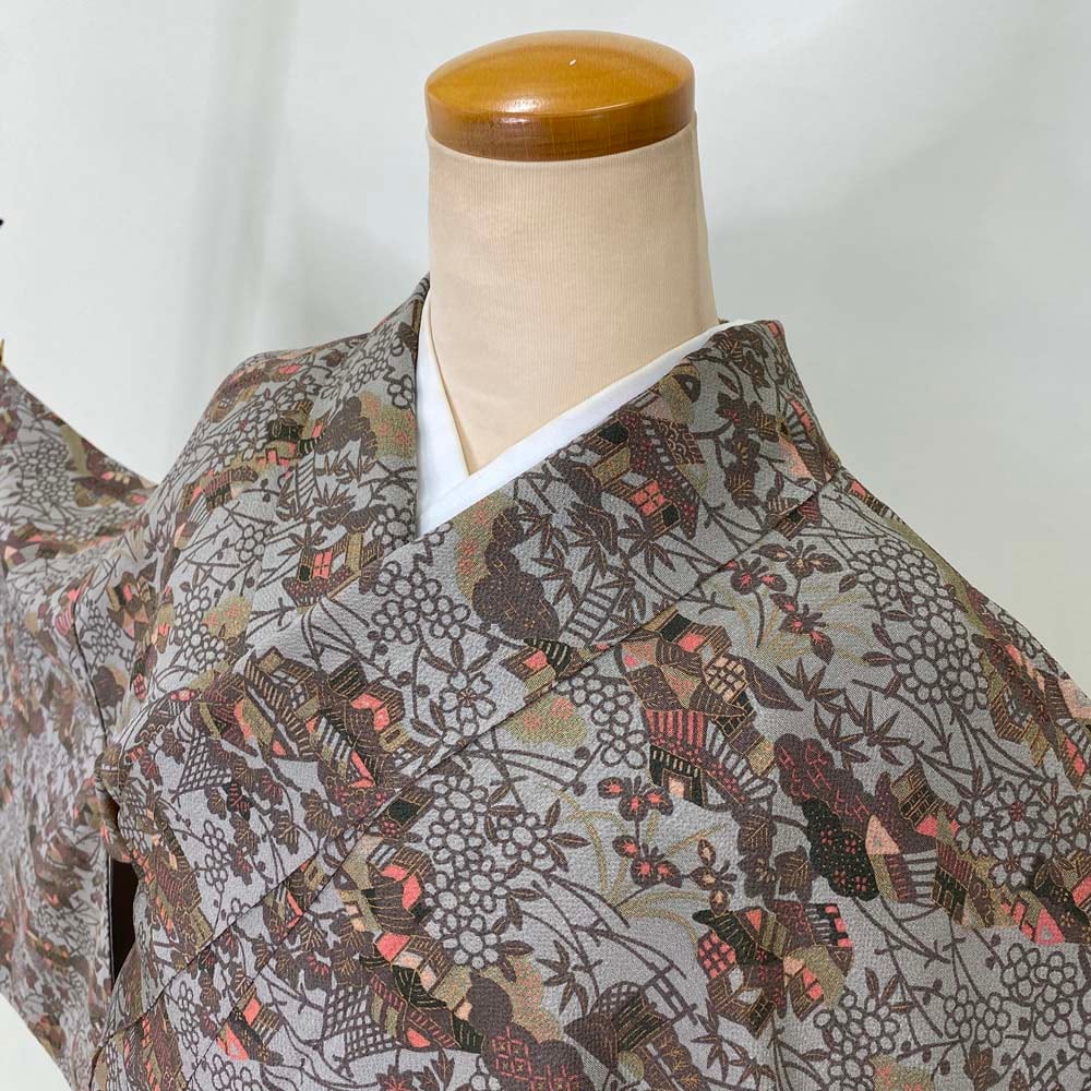 Rann様 正絹 花柄の小紋 袷 ちりめん 落款 裄68 正絹 花柄の