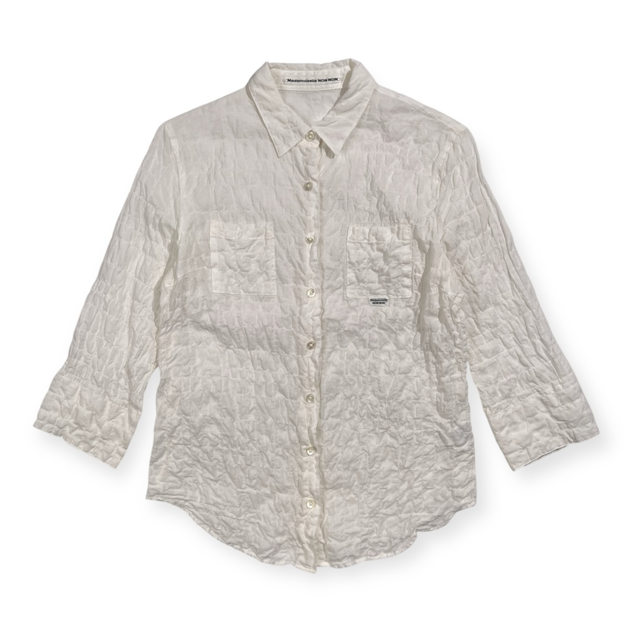 Mademoiselle NON NON マドモアゼルノンノン シアサッカー風 七分袖 コットン シャツ ブラウス 38 M /シルク&レーヨン混/ホワイト