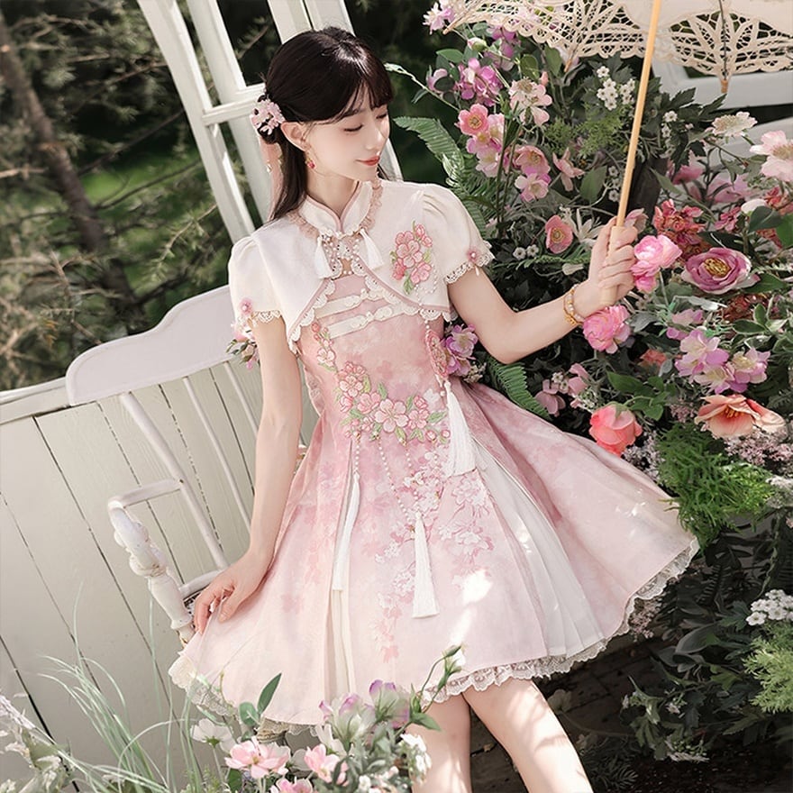 ロリータファッション 甘ロリ花柄キャミワンピ 半袖ボレロ付き