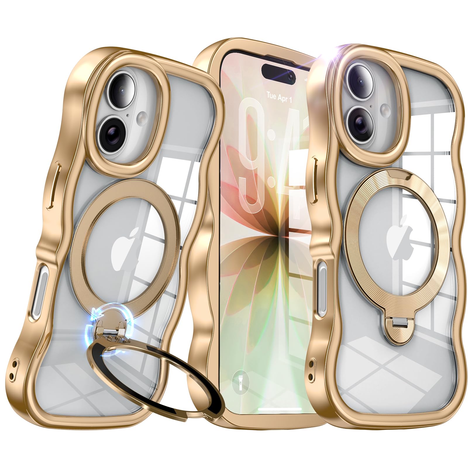 【大波型メッキフレーム・360°回転無制限】 iPhone 17 用 ケース アイフォン17 対応【縦横スタンド・Magsafe一体】 角度調整可能 ストラップホール付き 耐衝撃 黄ばみゼロ マグネット吸着 ワイヤレス充電対応 グリップ感向上 リング 薄型 軽量 透明 いPhone17 用 ケース 6.3インチ