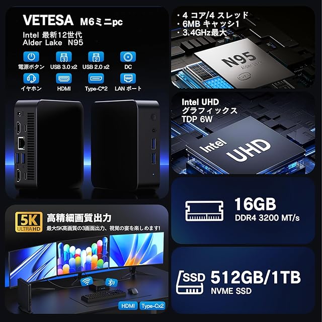VETESA ミニpc n95 windows11 office2024搭載 小型pc 3画面出力 HDMI