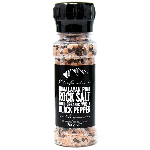 シェフズチョイス ヒマラヤ岩塩 & オーガニックブラックペッパー 200g ミル付き BPAフリーボトル Pink Rock Salt with Grinder 有機塩こしょう