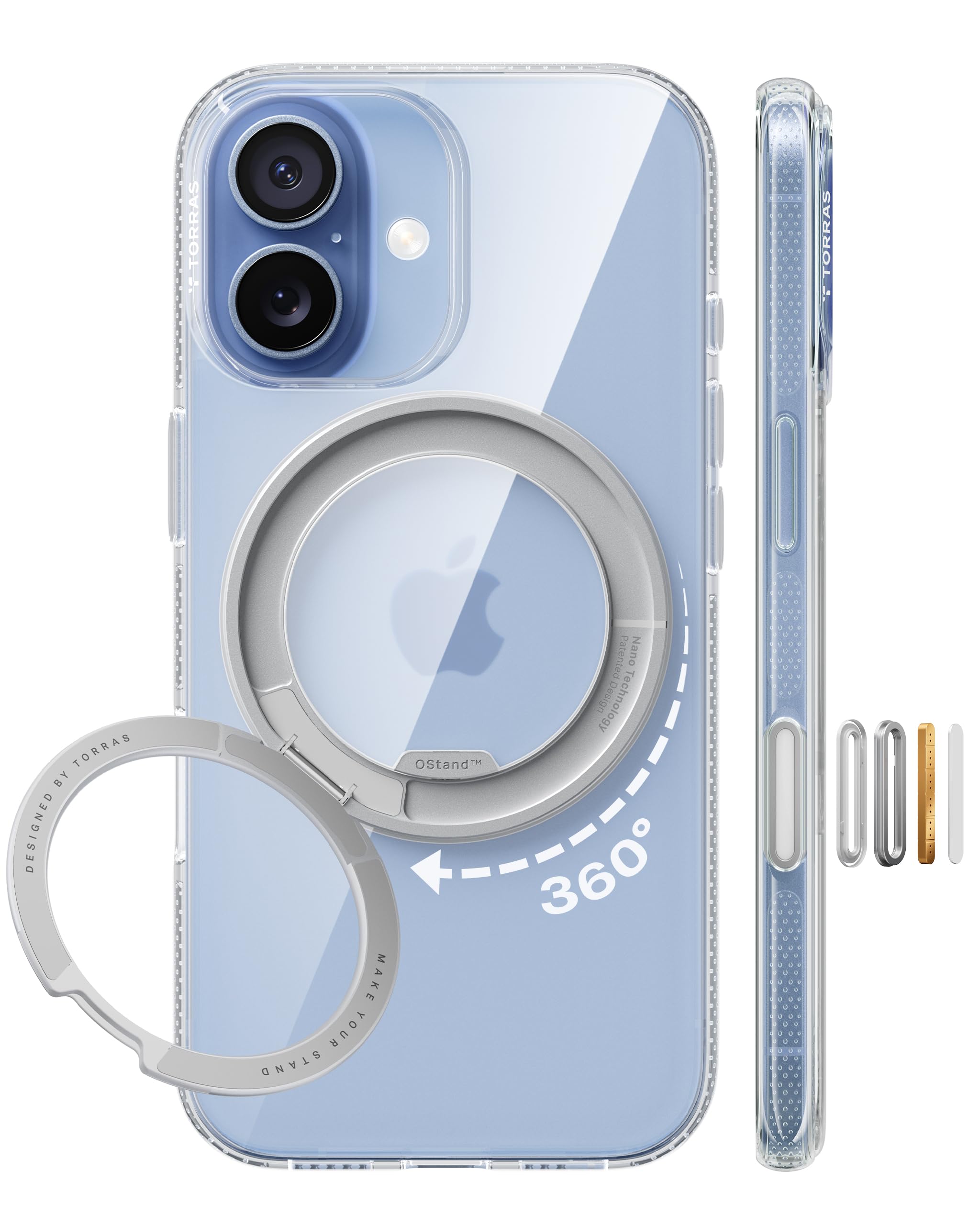 TORRAS iPhone 17 用ケース 【カチカチ・多機能360度回転スタンド】リング Ostand O3 Fitness MagSafe対応 米軍MIL規格耐衝撃 スタンド 指紋防止 黄変防止 カメラコントロールボタン付き ストラップホール 透明 撮影/動画視聴/日常の記録 手のひらサイズの映像革命 クリア