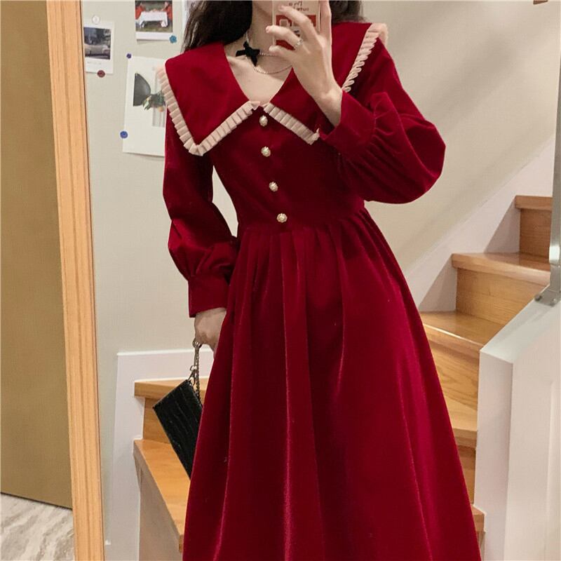 レッドドレス オータムウィンターレースカラースリーブウェストスカート 秋物 冬物 萌量不足29833557481