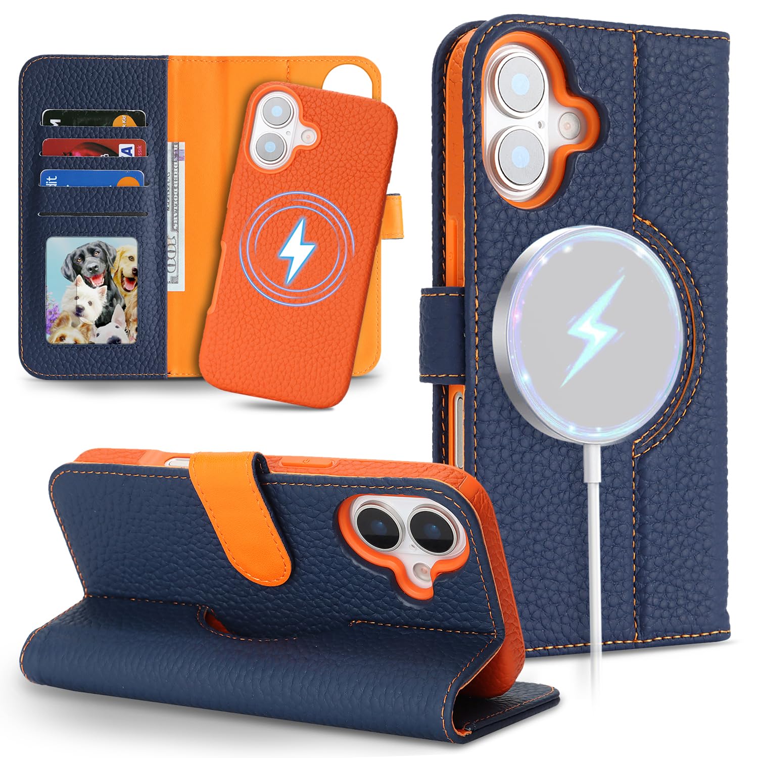 East Clear 分離式 本革ケース for iPhone 17 手帳型ケース for iPhone17 携帯カバー レザー MagSafe対応 2in1 取り外し自由 両用2way 小銭入れ札入れ カード収納 耐衝撃 耐摩擦 全面保護 マグネット式 スタンド機能 for アイフォン17 -ネイビー+オレンジ