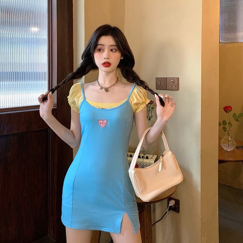 プリントスリングドレス女性サマーバッグヒップノースリーブスプリットスモールブラックドレス2020新気質ショートスカート ブラックストロベリース33593305235