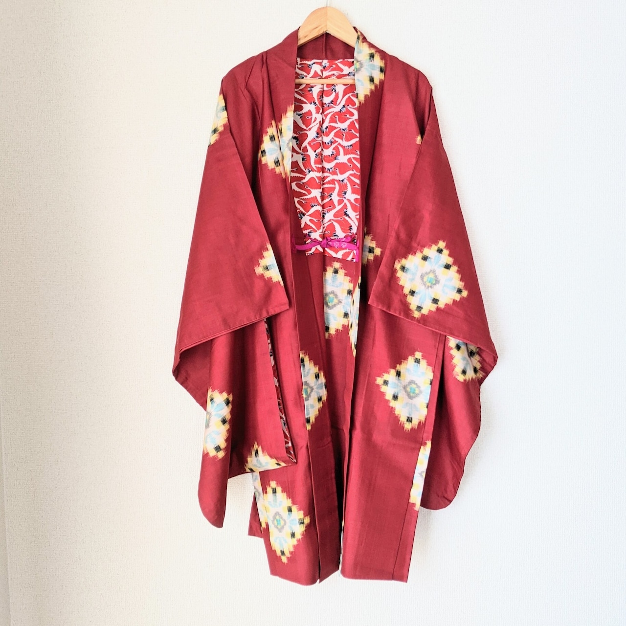 Vintage】HAORI 長羽織 羽織 正絹 銘仙 赤 裏地が可愛い シルク 大正 