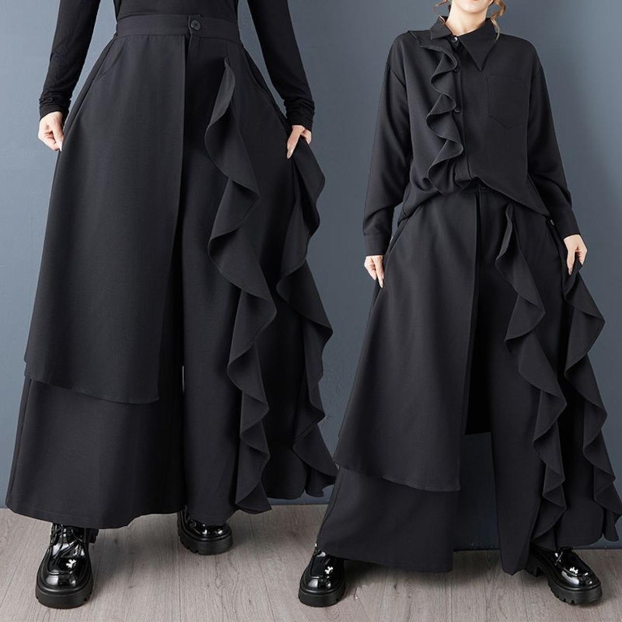 アシンメトリー フリル ワイドパンツ 00323