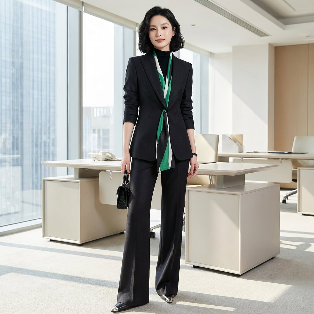 テーラードジャケット&ワイドパンツスーツwithスカーフ A0987