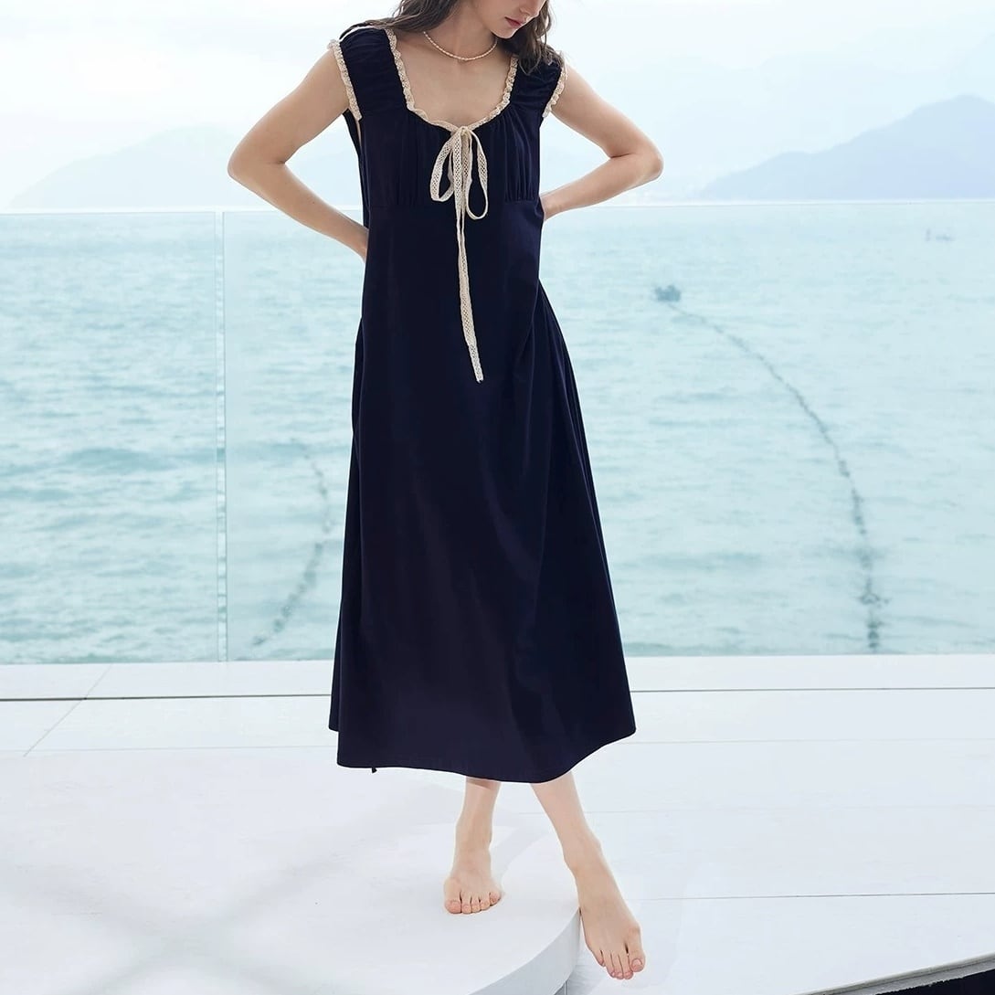 【M-XL】diamond-neck lace ribbon room wear p1707