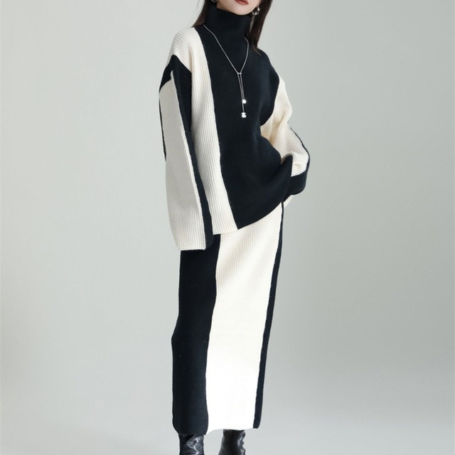 Bi Color Knit Skirt Set Up【00248】