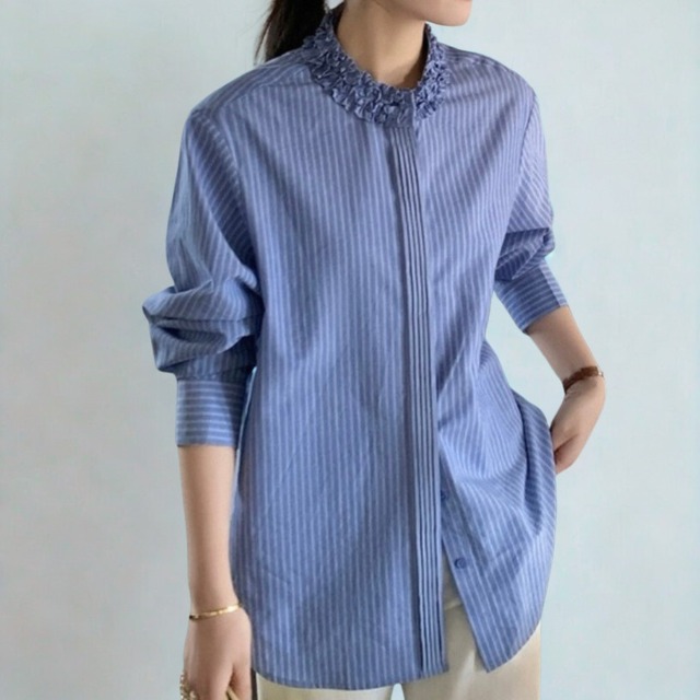 フリルネックストライプシャツ　  M00057