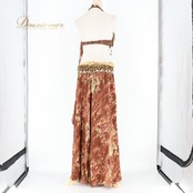 ベリーダンス オリエンタル 衣装 上下セット ブラウン系 トップス スカート インナーパンツ 茶 緑 ラインストーン ビーズ 豪華 装飾 かわいい 華やか ダンス衣装 イベント ステージ 葉っぱ柄 グリーン系